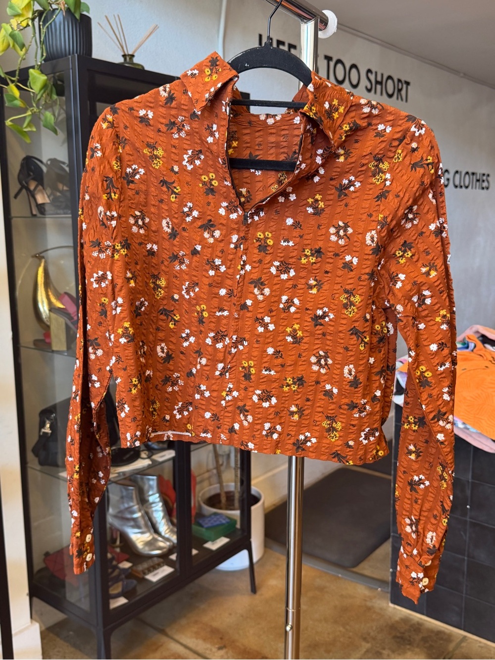 Vintage 70s Marianne Rust Floral Textured Long Sleeve Top Cottagecore